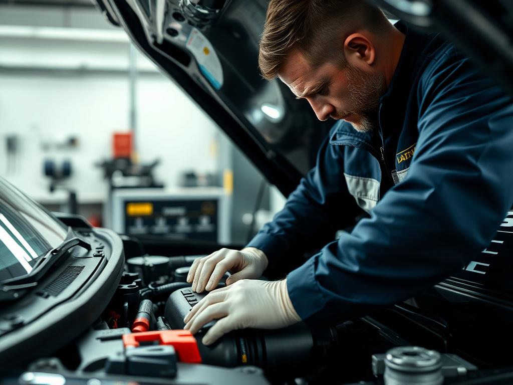 A hyper-realistic close-up shot of a technician conducting a safety inspection on a vehicle. The image should show the technician examining the engine compartment, with tools and safety equipment nearby. The background should be clean and professional, reflecting a commitment to quality.