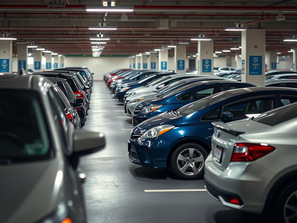A hyper-realistic close-up shot of a busy parking lot with well-organized spaces and clear signage. The image should capture the essence of efficiency and safety, with vehicles parked neatly and a visible security presence. The lighting should be bright and welcoming.