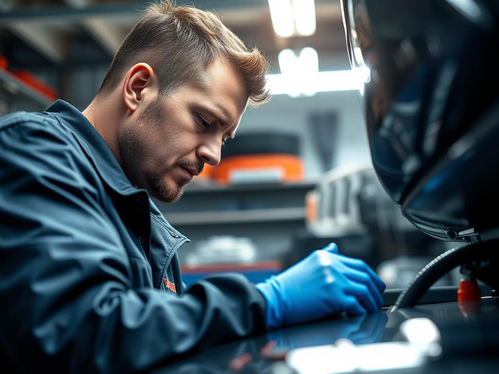 A hyper-realistic close-up shot of an automotive garage service in action, featuring a mechanic working on a car under bright, clean lighting. The background should display tools and equipment, showcasing a professional and organized workspace. The image should evoke a sense of trust and reliability.