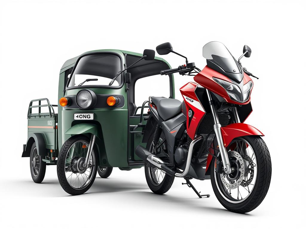 A realistic high-resolution close-up shot of a modern tricycle and motorcycle, showcasing a CNG tricycle alongside a sleek Honda motorcycle. The background should be simple and uncluttered, focusing on the vehicles. The image should be shot with a 45mm f/1.2 lens, ensuring sharp detail and vibrant colors, compatible with the rgb(40, 93, 225) primary color.