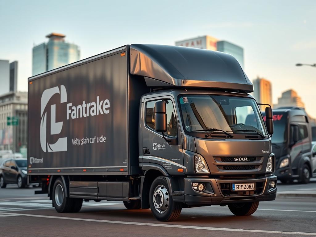 A high-resolution photograph of a modern delivery truck parked in an urban environment during the day. The truck should be the main focus, showcasing its sleek design and branding. In the background, there should be a clear view of a cityscape, indicating an active transportation scene. The image should be shot with a 45mm f/1.2 lens to create a crisp and vibrant look, with an emphasis on the truck while maintaining a blurred background for depth.