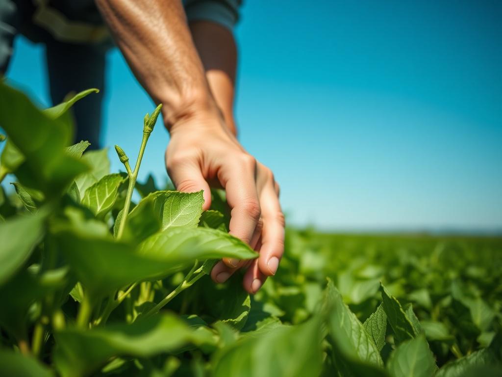A close-up shot of a lush green field with a farmer inspecting crops, taken with a 45mm f/1.2 lens. The focus is on the farmer's hands gently touching healthy plants, showcasing vibrant colors and textures. The background features a clear blue sky, emphasizing the beauty of modern agriculture. The overall composition should be simple and clear, highlighting the importance of care and innovation in farming.