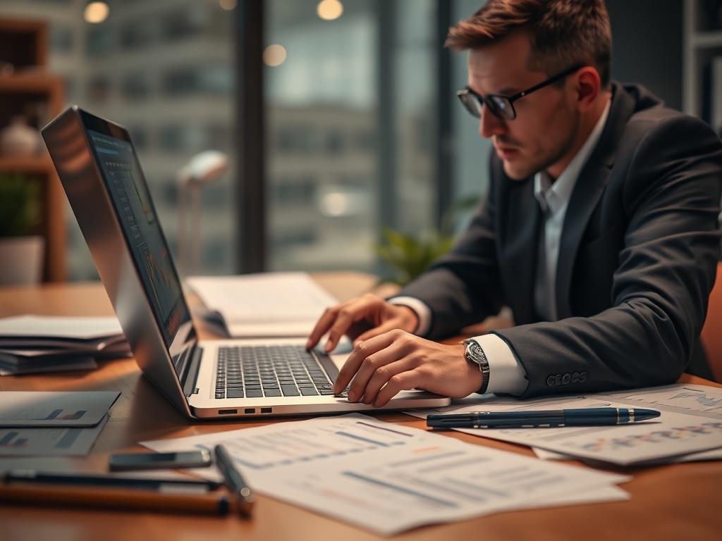 Create a hyper-realistic close-up shot of a professional financial analyst working diligently at a desk. The analyst is focused on analyzing financial graphs and data displayed on a laptop screen. The background is softly blurred to emphasize the subject, with warm lighting highlighting the analyst's concentration and the details of the financial documents scattered on the desk. The overall color palette should harmonize with the primary color rgb(50, 170, 39) to create a cohesive visual experience.