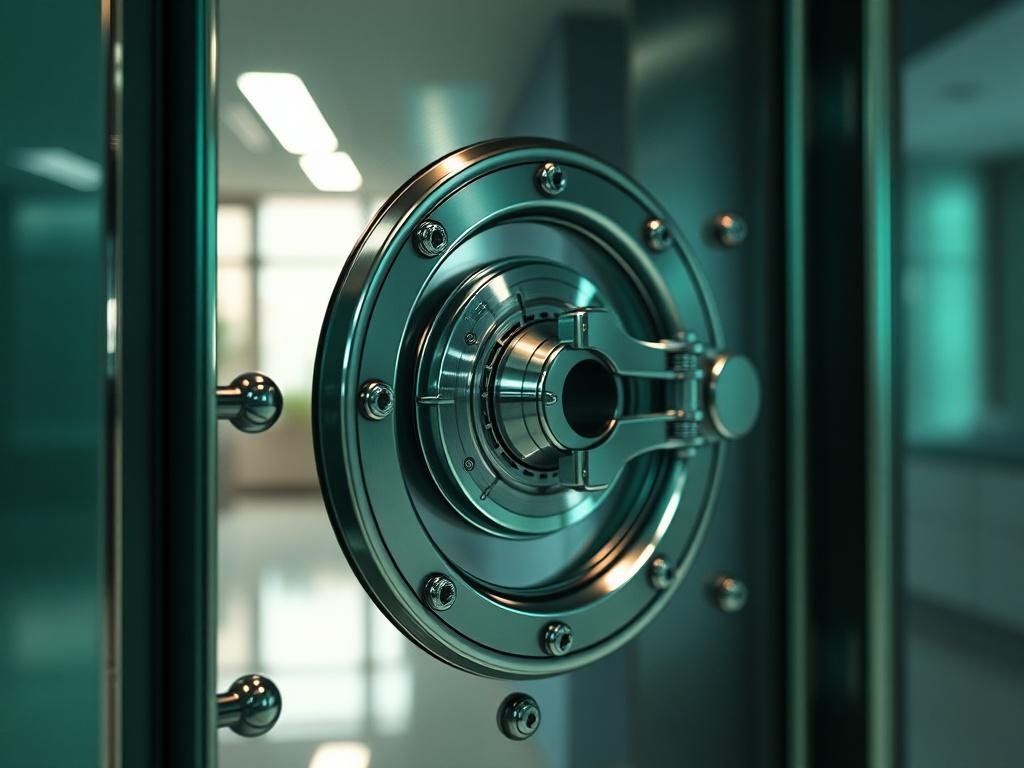 A close-up shot of a high-tech secure vault door, showcasing intricate locking mechanisms and a gleaming finish. The backdrop is a softly lit room with a modern design, highlighting the importance of security. The colors in the image should include rich greens to match the rgb(50, 170, 39) primary color, creating a sense of safety and trust.