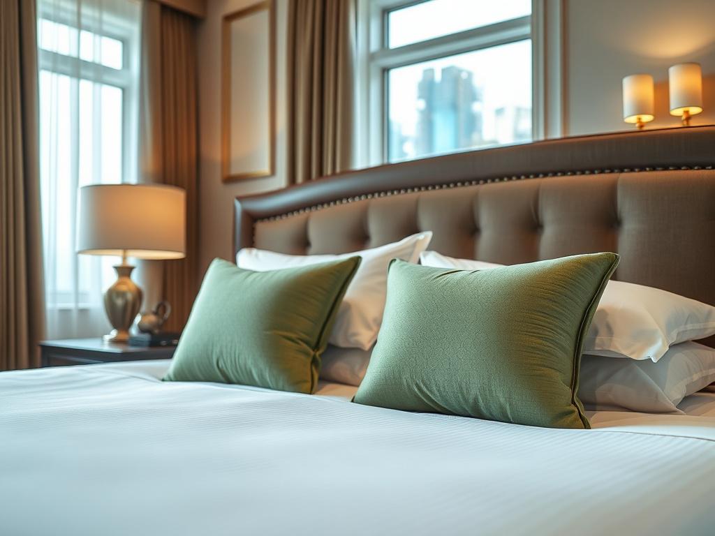 Create a realistic high-resolution photo of a luxurious hotel room interior, focusing on a beautifully made bed with plush pillows and a stylish headboard. The room should have elegant décor, soft lighting, and a window with a view of the outdoors. The composition should be simple and clear, capturing the essence of comfort and quality, with a close-up shot that emphasizes the textures and colors. Use an RGB color scheme that complements the primary green color (rgb(50, 170, 39)).