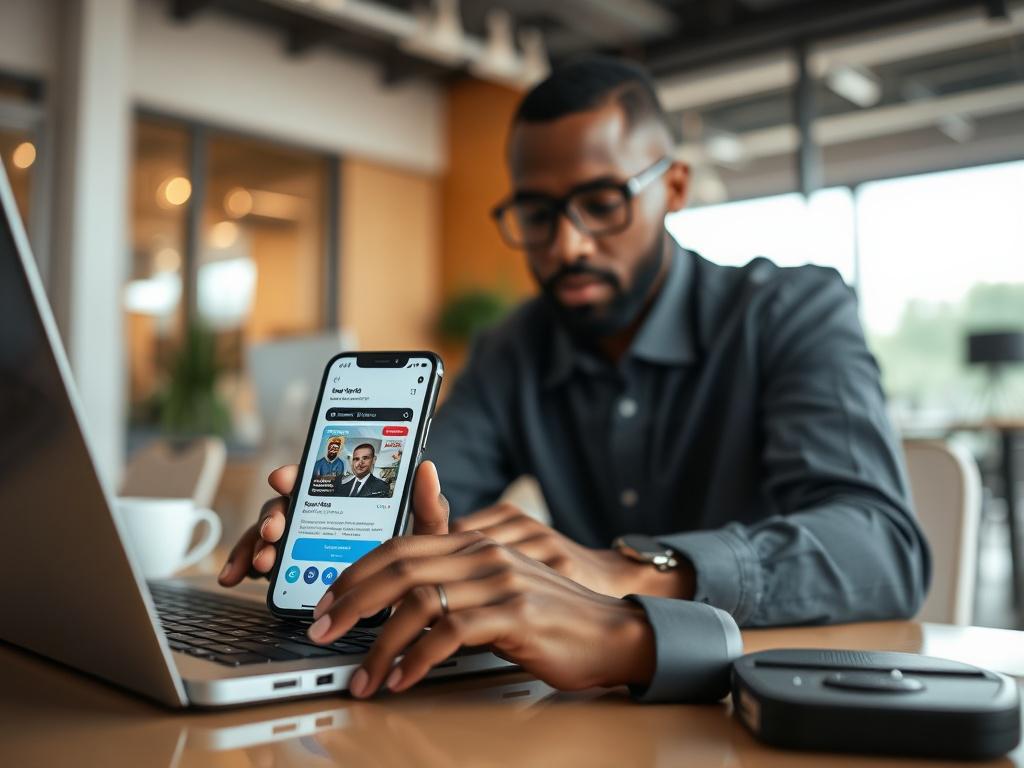Create a realistic high-resolution photo of a mobile app developer working intently on a laptop in a modern workspace. The scene should feature a close-up shot of the developer's hands typing on the keyboard, with a smartphone displaying an app design in the foreground. The background should be a clean, stylish office environment, softly blurred to emphasize the developer's focused expression. The overall color scheme should incorporate the primary color rgb(50, 170, 39) to reflect the branding of UNIQUE SU