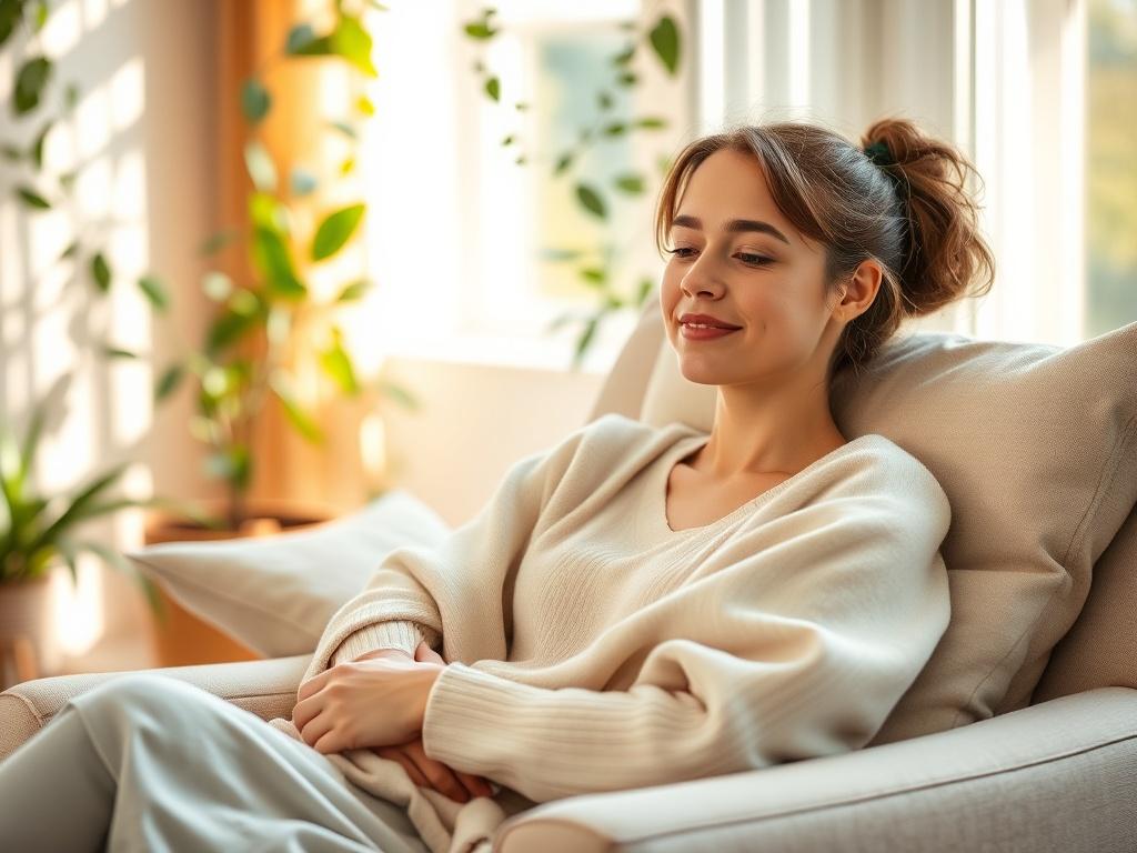 **Prompt for AI Image Generator:**

Create a realistic high-resolution photo that visually represents the theme of "Ketamine Therapy: A Modern Approach to Mental Health." The focal point of the image should be a serene, young adult woman sitting comfortably in a cozy, well-lit therapy room, conveying a sense of calm and relief. She should have a gentle expression, exuding tranquility and hope. 

The subject should be placed in a plush armchair, surrounded by soft, neutral-toned cushions, and wrapped in a li