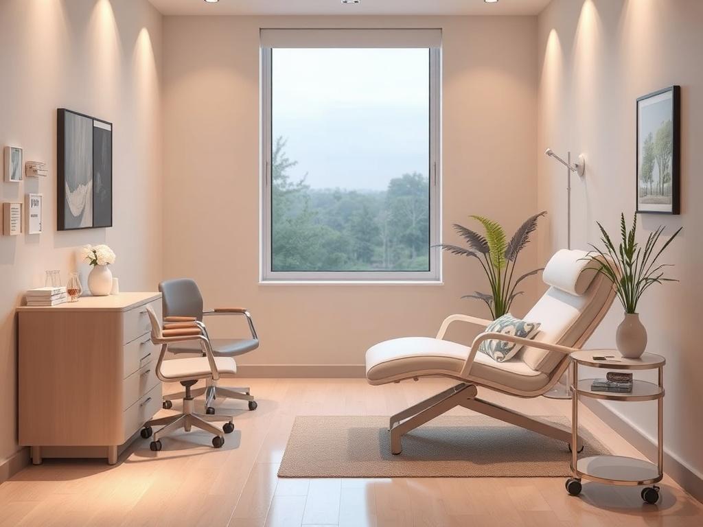 A serene clinic room set up for Ketamine therapy, featuring a comfortable recliner, soft lighting, and calming decor, with a window showing a peaceful outdoor view.