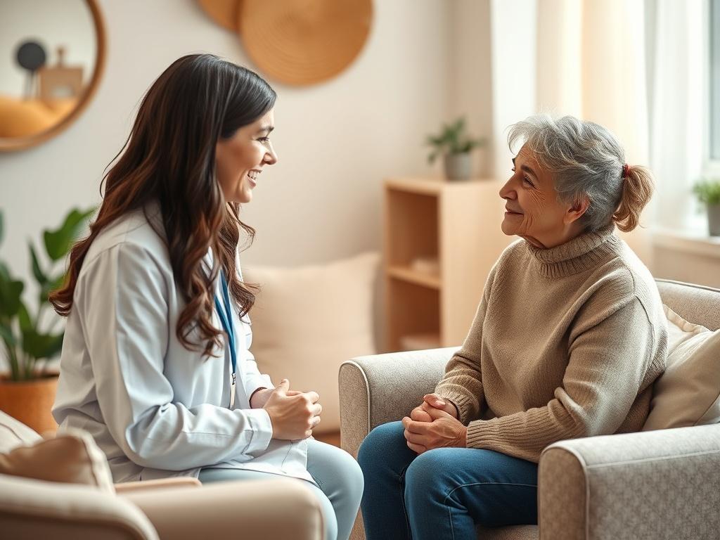 A supportive therapist engaged in a conversation with a patient in a cozy, inviting therapy room, with warm colors and comfortable seating.