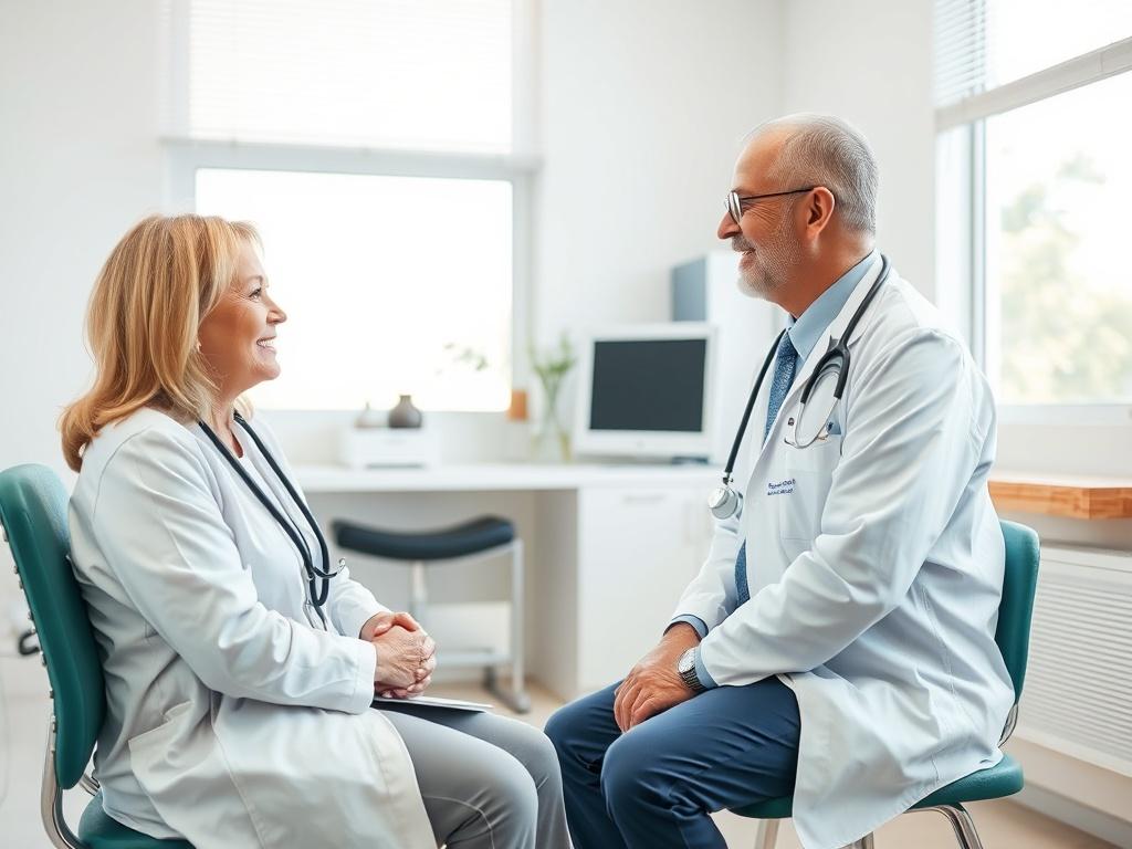 A friendly primary care physician speaking with a patient during a routine check-up in a bright, welcoming examination room.