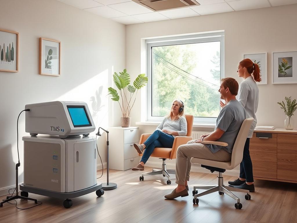 A modern clinical setting with a TMS machine prominently displayed. A patient sits comfortably in a chair with a headset on, while a healthcare professional attentively monitors the session. The room is well-lit with calming colors and minimalistic decor, promoting a sense of tranquility. A large window showcases a glimpse of nature outside, emphasizing a connection to the outdoors and well-being. The atmosphere conveys professionalism and care, reassuring patients of their safety and comfort.