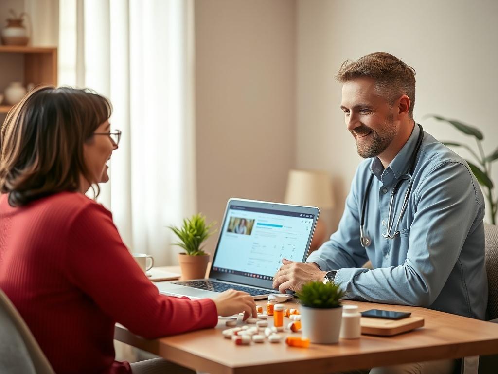 A friendly healthcare professional sits at a desk with a patient, reviewing medication details together. The desk is organized with pill bottles and a laptop displaying health information. The setting is warm and welcoming, with soft lighting and soothing colors. A potted plant on the desk adds a touch of nature, enhancing the comforting atmosphere. The interaction reflects trust and collaboration, emphasizing the importance of personalized care in medication management.