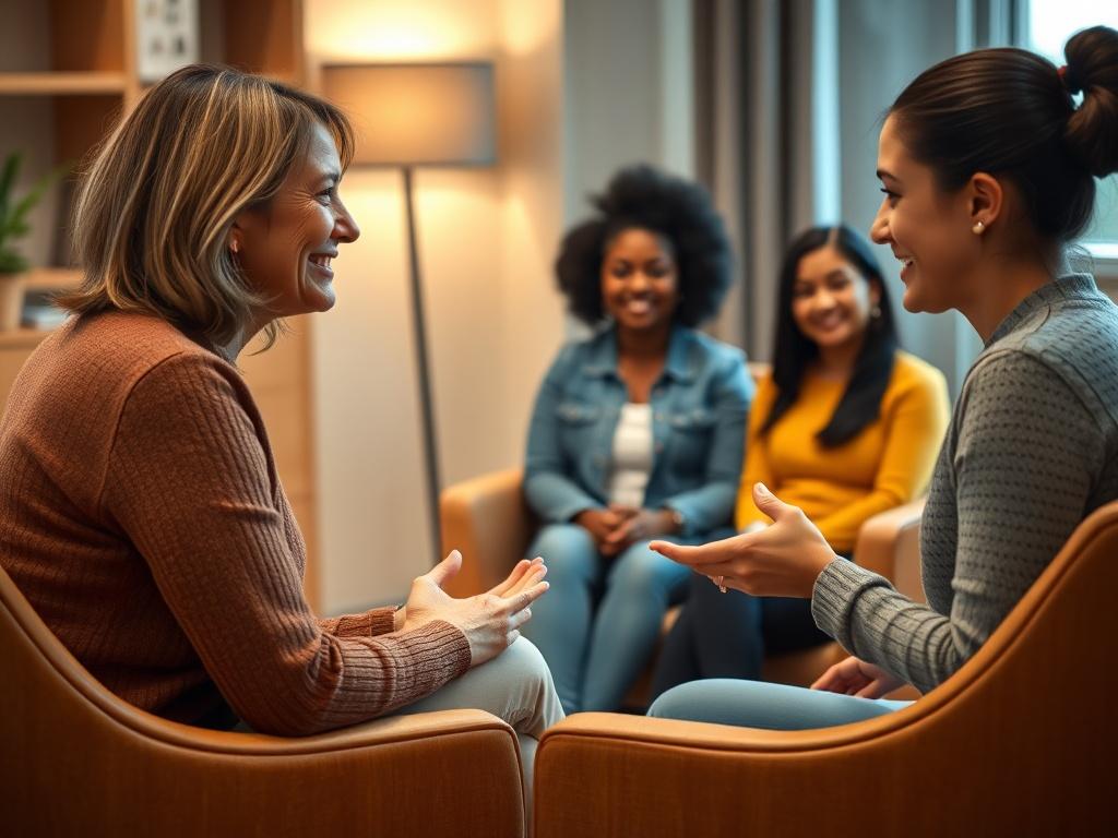 A compassionate counselor engaging in a one-on-one session with a diverse group of clients. The setting is a warm, inviting office with comfortable chairs and soft lighting. The counselor, a middle-aged woman with a friendly smile, is listening attentively to a young man of Asian descent, who is expressing his thoughts. In the background, a Black woman and a Hispanic woman are seated, waiting for their turn. The atmosphere conveys empathy, understanding, and support.
