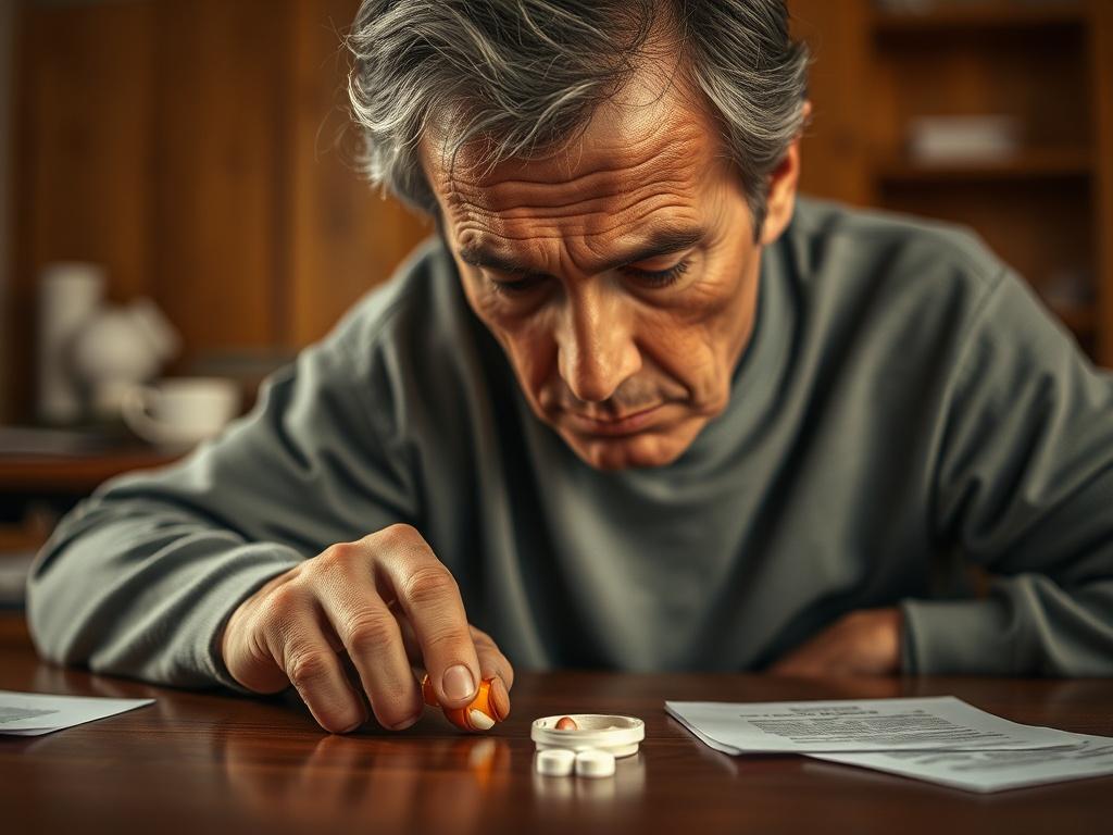 **Prompt for AI Image Generator:**

Create a realistic high-resolution photo that reflects the topic of substance use. The image should feature a close-up shot of a solitary figure sitting at a wooden table, with a pensive expression, gazing down at a small, open pill bottle beside them. The figure should be a middle-aged person with visible signs of weariness, indicating the weight of their struggles with substance use. 

The background should be softly blurred to emphasize the subject, with warm, muted to