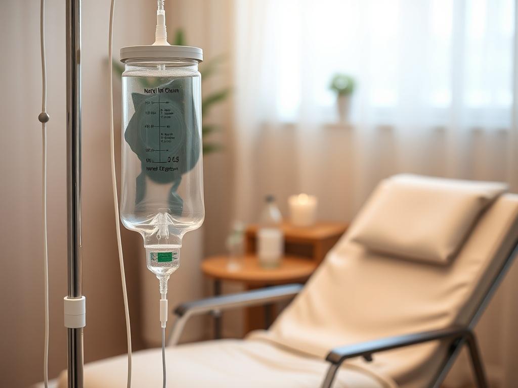 A high-resolution photo of a serene and calming clinic environment, featuring a modern IV therapy setup with a clear IV bag and tubing. The background should be softly blurred with warm lighting, creating a welcoming atmosphere. A comfortable reclining chair should be in focus, with a small side table holding a water bottle and a soothing decoration like a plant or a candle. The color scheme should incorporate shades of green and white, reflecting a sense of healing and relaxation.