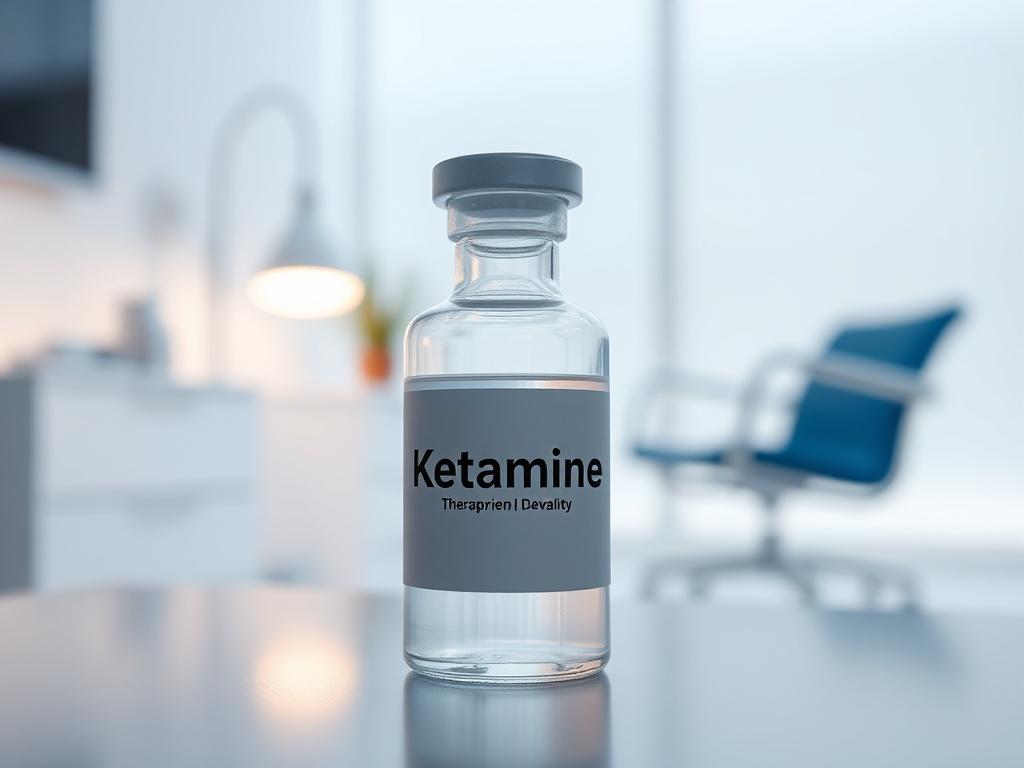 **AI Image Generation Prompt:**

Create a highly realistic, high-resolution close-up photograph that captures the essence of ketamine therapy in a clinical setting. The composition should be simple and clear, featuring a single subject: a glass vial of ketamine prominently placed in the center of the image. The vial should be filled with a clear liquid, and the label should be visible but without any text, focusing instead on the sleekness of the glass.

The background should be a softly blurred clinical en