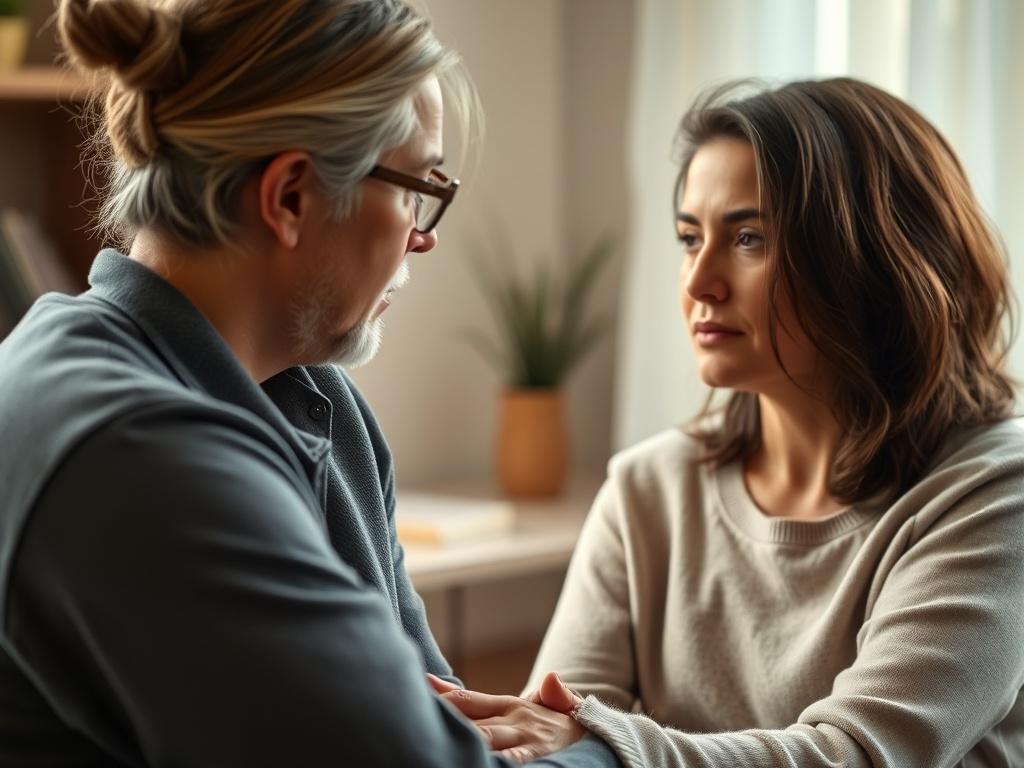 A close-up shot of a therapist and a patient engaged in a counseling session, showcasing a warm and inviting atmosphere. The therapist is gently guiding the patient through EMDR techniques, with the patient appearing thoughtful and reflective. The background is softly blurred, emphasizing the connection between the therapist and patient, with natural lighting creating a calming effect. The color palette includes warm tones that complement the primary color rgb(192, 133, 4).