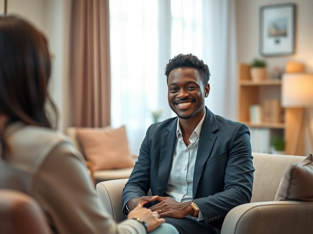 A compassionate Black counselor sitting in a cozy, inviting office space, engaging with a patient during a therapy session. The counselor is dressed professionally and has a warm smile, creating a welcoming atmosphere. The background features soft lighting, comfortable furniture, and calming decor, conveying a sense of safety and support. The focus is on the counselor and their empathetic demeanor, showcasing their dedication to helping others.