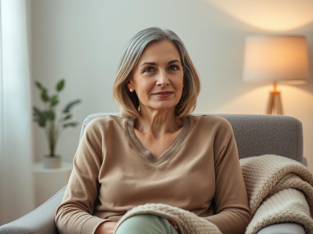 Create a highly realistic, high-resolution photo depicting a serene therapy session focused on EMDR (Eye Movement Desensitization and Reprocessing) Therapy. The image should feature a single therapist, a compassionate-looking middle-aged woman, seated in a comfortable, inviting chair, with a calm expression that conveys empathy and understanding. She should be attentively engaging with an invisible client, suggesting a supportive environment for trauma recovery. 

The background should be minimalistic and s