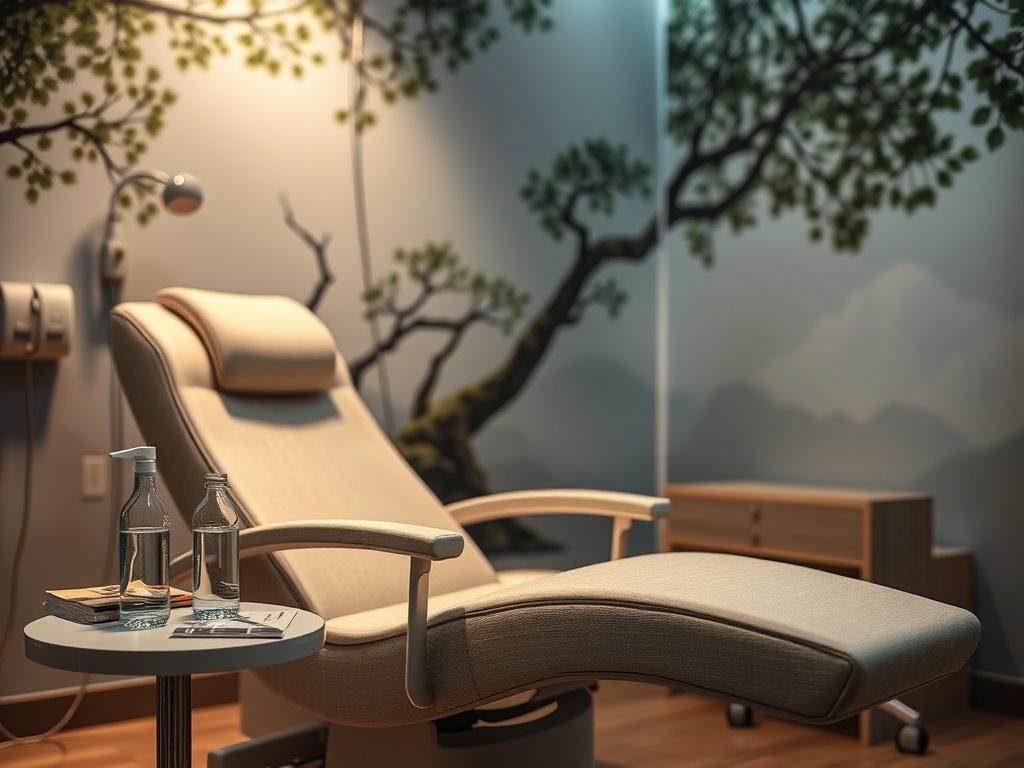A serene and calming clinic environment focused on ketamine infusion therapy. The image should feature a comfortable treatment room with a reclining chair, soft lighting, and a small table with a water bottle and a couple of magazines. In the background, a soothing mural of nature is visible, emphasizing tranquility. The focus should be on the chair, inviting and relaxing, suggesting a safe space for patients undergoing treatment.