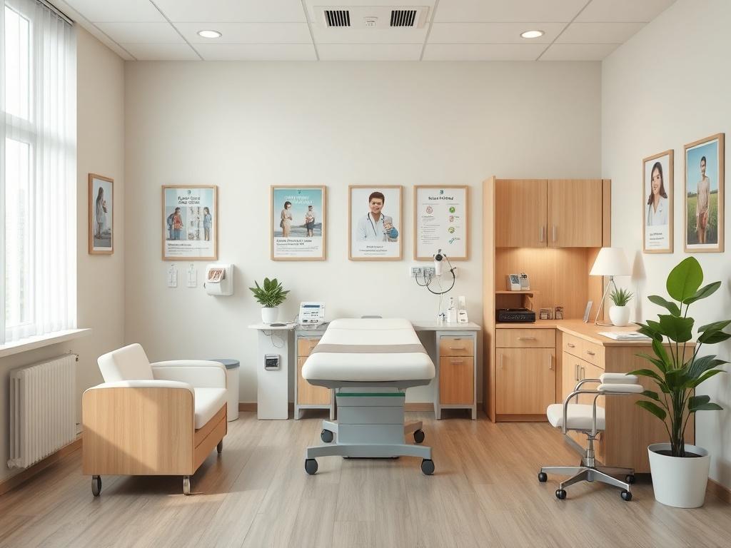 A serene and welcoming primary care clinic interior, featuring a single examination room with soft lighting. A comfortable examination table is placed in the center, surrounded by light wood furniture and medical equipment neatly arranged. The walls are painted in soothing colors, with a few framed health-related posters adding warmth. A potted plant in the corner enhances the inviting atmosphere. This image captures a sense of calm and professionalism, ideal for a primary care setting.