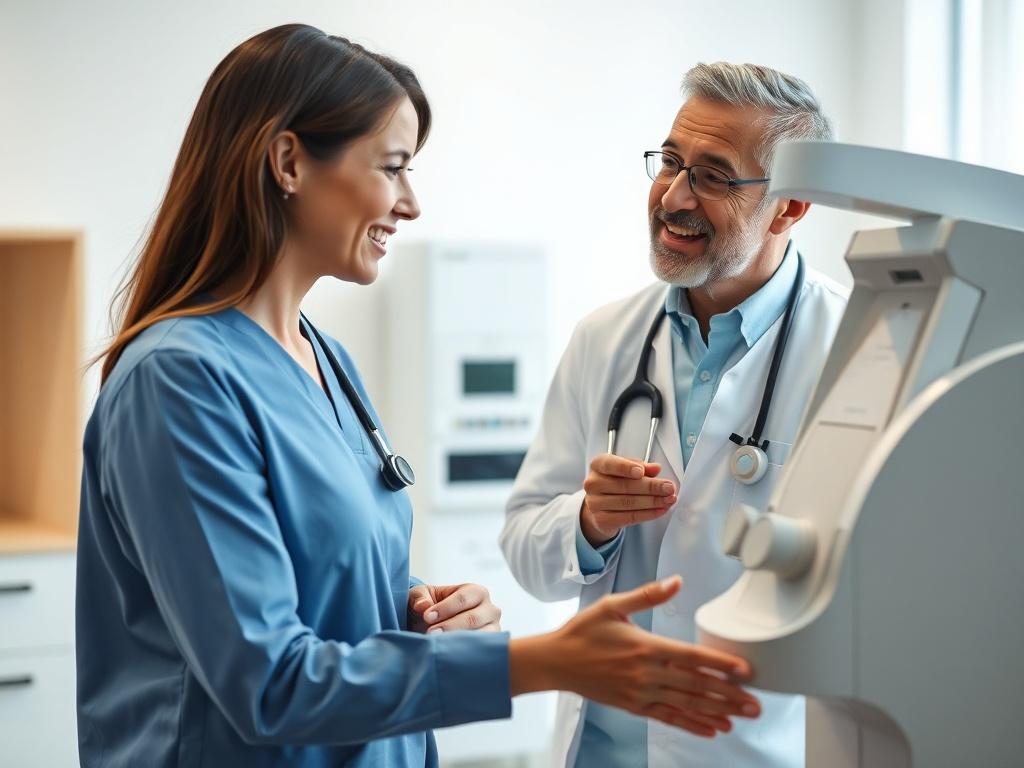 A dynamic image of a healthcare professional demonstrating a TMS machine in a bright, modern clinic. The professional is engaging with a patient, explaining the procedure with enthusiasm. The environment is clean and well-lit, emphasizing a sense of innovation and hope. The focus should be on the interaction and the advanced technology being utilized.