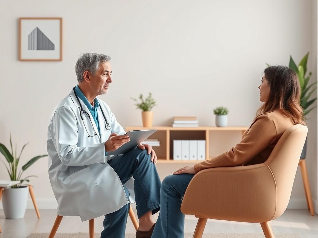 A compassionate healthcare provider sitting down with a patient in a cozy, welcoming office. The provider is listening attentively, showing empathy and understanding. The background should be minimalistic, featuring soft colors and light, creating an inviting atmosphere. The focus should be on the connection between the provider and the patient, capturing the essence of compassionate care.