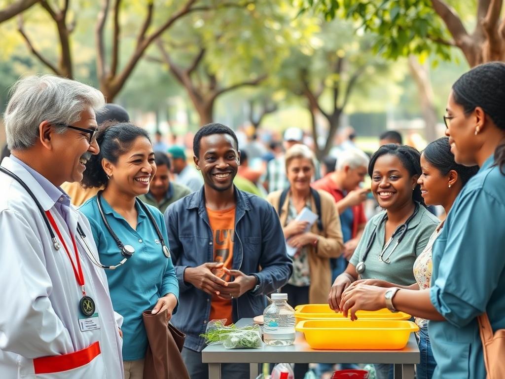 A vibrant community event with healthcare professionals engaging with local residents in a park setting. People of diverse backgrounds are participating in health awareness activities, smiling and interacting. The atmosphere is lively and welcoming, showcasing community spirit and collective effort towards better health. The focus should be on the interaction and the sense of community.