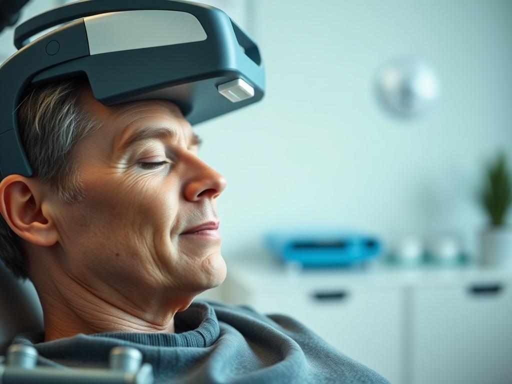 A close-up shot of a patient comfortably seated in a clinical setting, undergoing Transcranial Magnetic Stimulation (TMS) therapy. The patient is wearing a relaxed expression, and a cool, modern TMS device is positioned over their head, with soft lighting illuminating the room. The background features calming colors and minimalistic decor, creating a serene atmosphere that emphasizes mental wellness.