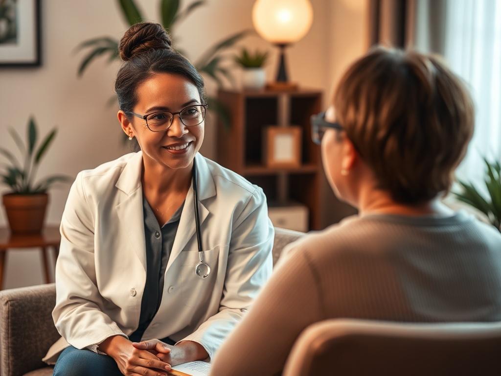 A close-up shot of a compassionate therapist sitting across from a patient in a comfortable, inviting office setting. The therapist is engaged in active listening, demonstrating empathy and understanding. The background features soft, warm lighting and calming decor that creates a welcoming atmosphere. The focus is on the therapist's attentive expression, capturing the essence of supportive counseling.