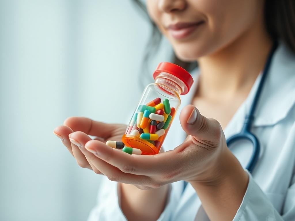 A close-up shot of a healthcare professional gently holding a prescription bottle filled with colorful pills, set against a clean, bright clinical background. The professional is wearing a white coat and has a compassionate expression, symbolizing trust and care in medication management. The composition should be simple and clear, focusing on the medication and the healthcare professional's hands.