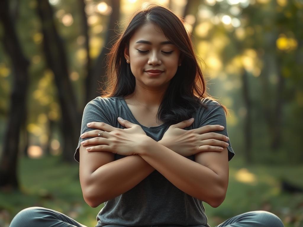 A close-up shot of a person sitting in a serene, natural environment, practicing the 'butterfly hug' technique. The subject is gently crossing their arms over their chest, with fingers touching the opposite shoulders, creating a sense of self-soothing and comfort. Soft sunlight filters through the trees in the background, casting a warm glow. The focus is on the person's peaceful expression, conveying a sense of calm and inner strength. The image should be realistic and high-resolution, capturing the tranqu