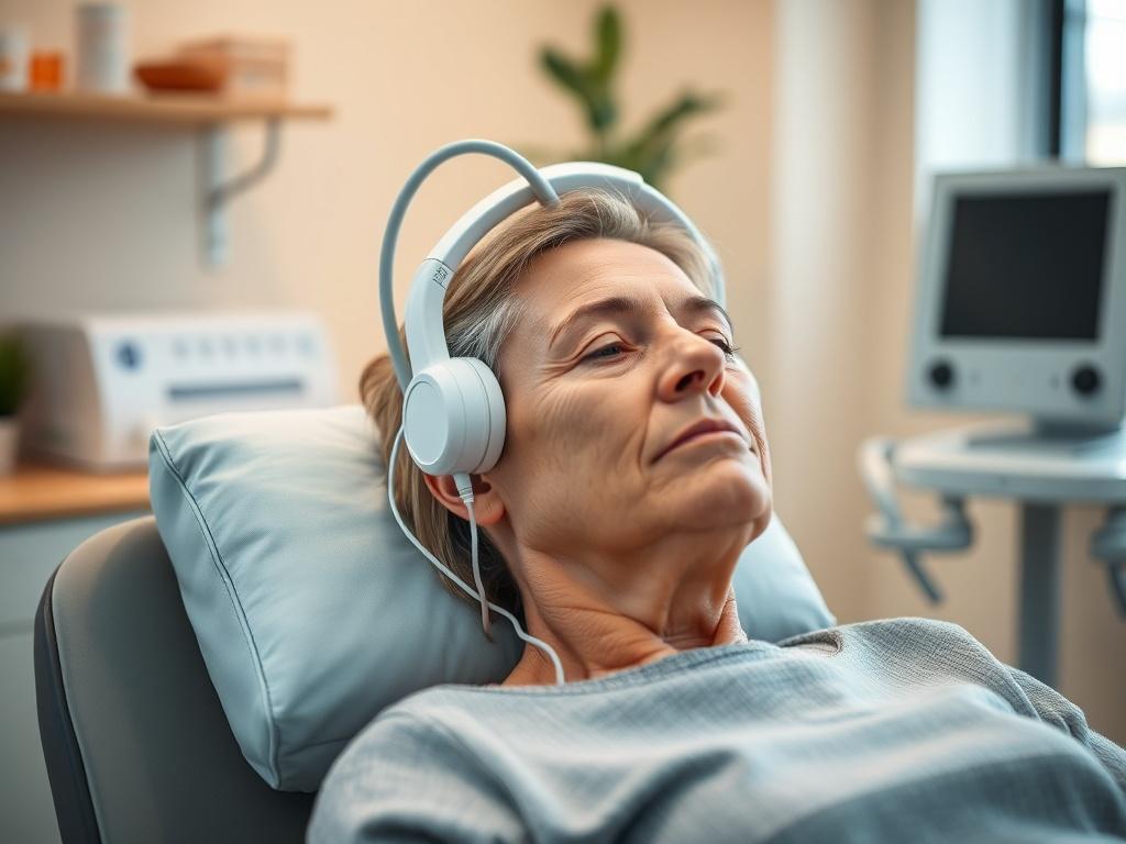 A realistic image of a TMS treatment session in progress, showcasing a patient comfortably seated with a TMS device gently positioned on their head. The background should depict a calming clinic environment.