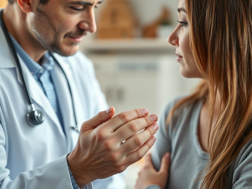 A close-up shot of a healthcare professional consulting with a patient about mild allergic reactions. The professional is examining the patient's skin, showing signs of a mild rash. The background is softly blurred to emphasize the interaction, with warm lighting to create a comforting atmosphere. The healthcare professional is wearing a white coat, and the patient appears engaged and attentive.