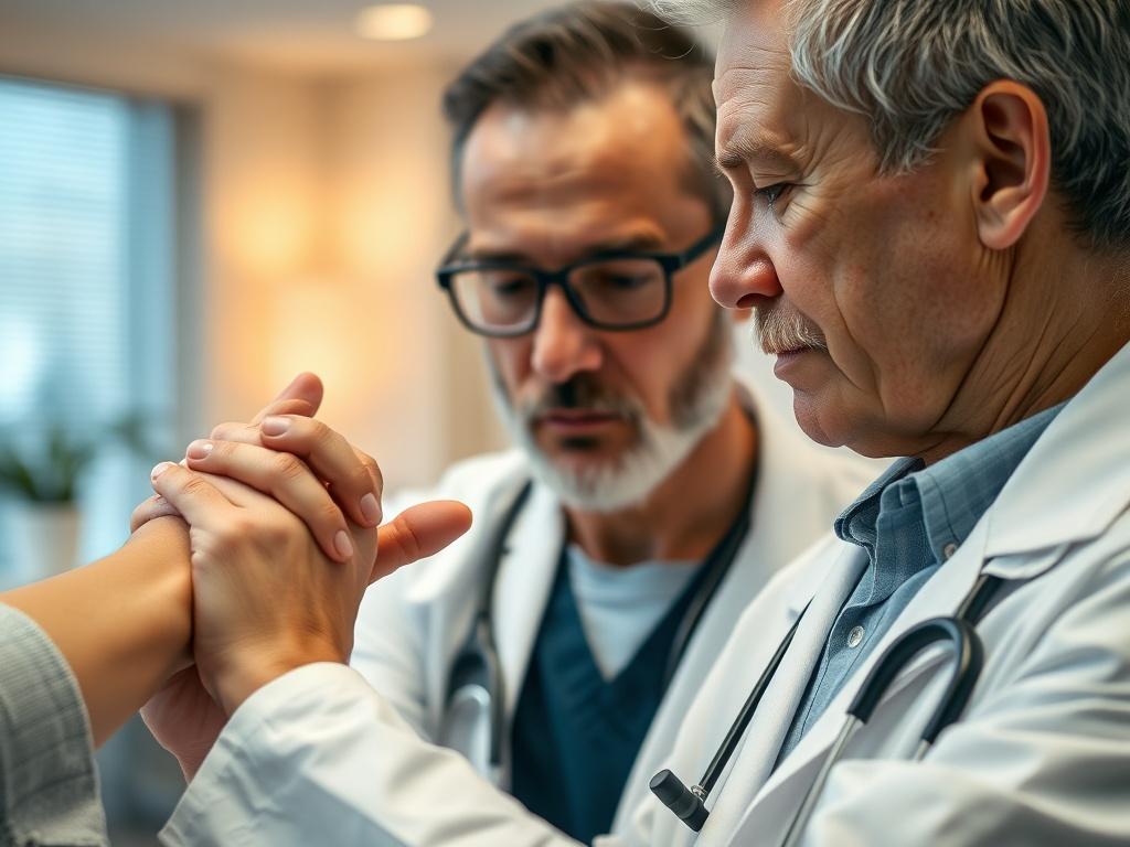 A close-up shot of a healthcare professional examining a patient's arm for signs of a mild allergic reaction. The doctor is focused and attentive, with a stethoscope around their neck. The background is softly blurred, showcasing a clean and professional clinic environment, with warm lighting that conveys a sense of care and comfort. The image should emphasize the connection between the healthcare provider and the patient, highlighting the reassurance and expertise offered in managing mild allergic reaction