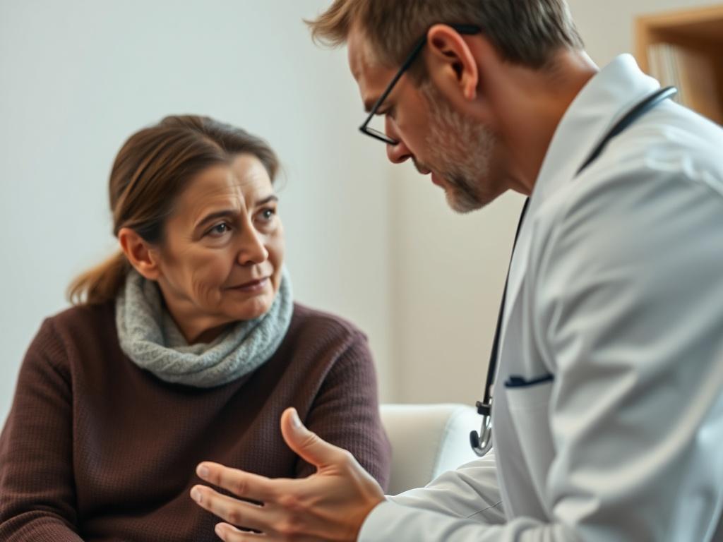 A close-up shot of a healthcare professional thoughtfully discussing with a patient in a clinical setting. The healthcare provider is showing concern and empathy, while the patient appears engaged and attentive. The background should be simple and clean, with soft lighting to create a warm and inviting atmosphere. The image should capture the essence of a caring consultation, focusing on the interaction between the two subjects.