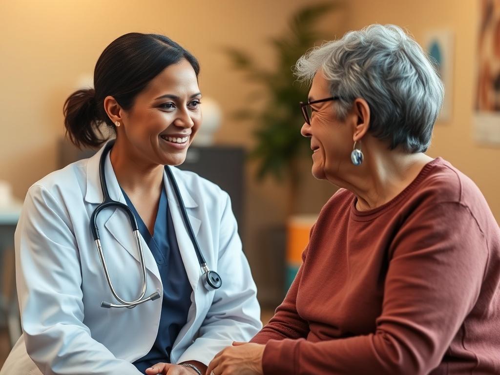 A close-up shot of a healthcare professional talking to a patient in a warm, inviting clinic setting. The background should be softly blurred to focus on their engaged expressions, showcasing a sense of trust and compassion. Use a hyper-realistic style with a primary color of #32324E.