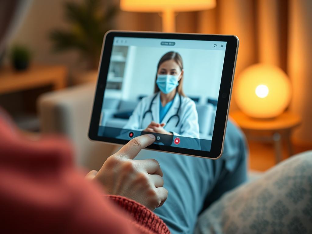 A close-up shot of a person using a tablet for a telehealth appointment, with a healthcare professional visible on the screen. The setting should be cozy, featuring a comfortable chair and warm lighting. The image should evoke a sense of modernity and accessibility, in a hyper-realistic style with a primary color of #32324E.
