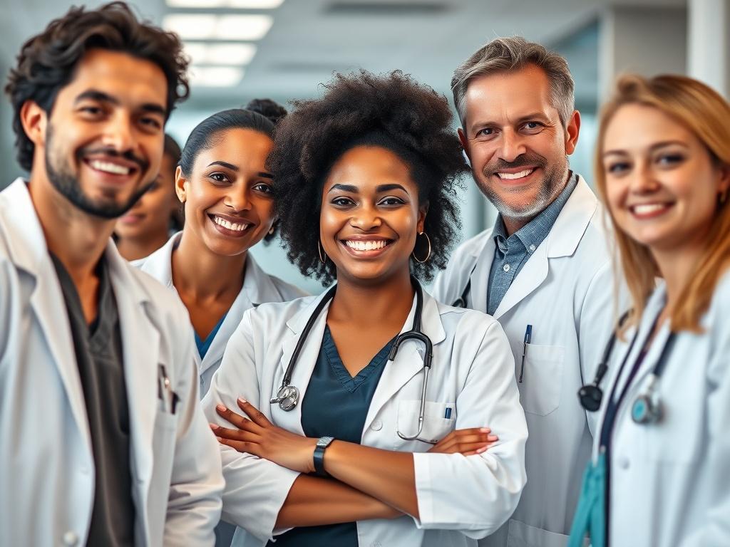 A close-up shot of a diverse group of healthcare professionals in lab coats, smiling and standing together in a clinical environment. The image should capture a sense of teamwork and professionalism, set against a softly blurred background that reflects a state-of-the-art medical facility. Use a hyper-realistic style with a primary color of #32324E.
