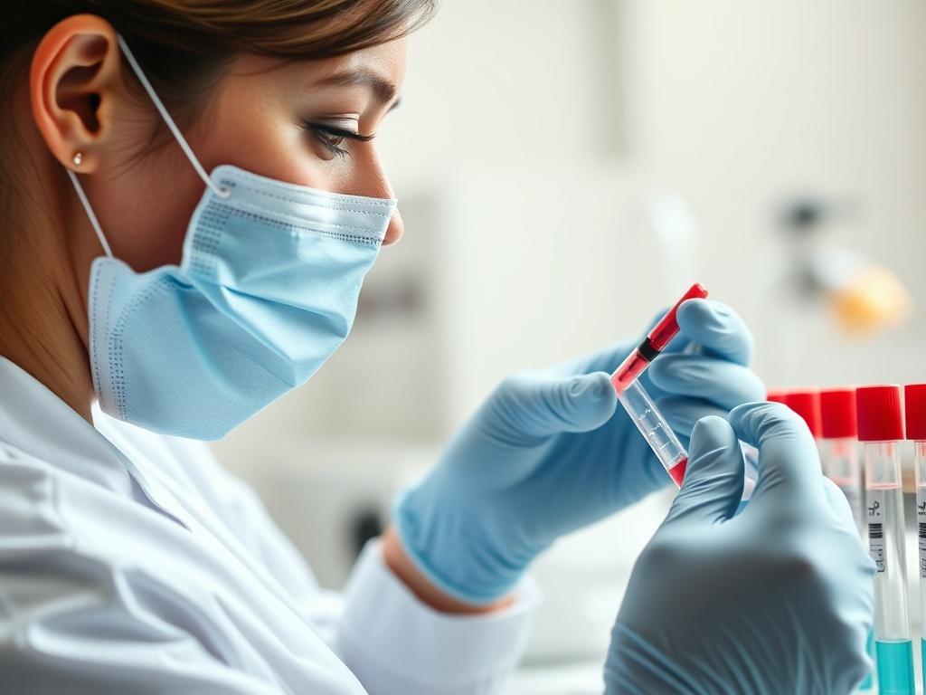 A close-up shot of a healthcare professional in a clinical setting, preparing a sample for STD testing. The professional is wearing gloves, with a focused expression, surrounded by medical equipment like test tubes and syringes. The background is softly blurred to emphasize the subject, and the color scheme includes the #32324E primary color, creating a calm and professional atmosphere.