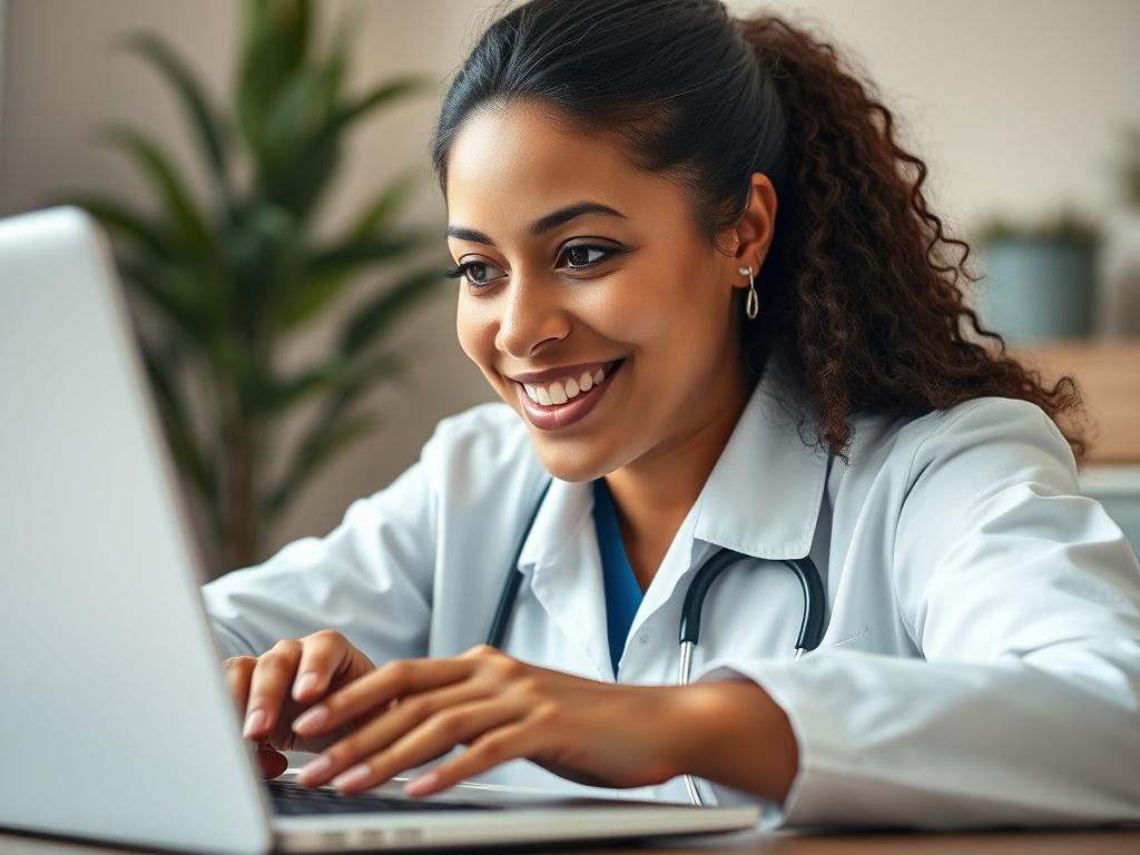 A close-up shot of a healthcare professional engaging in a telehealth consultation via a laptop. The professional is smiling and appears supportive. The background is a soft, neutral color that complements the #32324E primary color. The image captures the warmth and professionalism of online healthcare interactions.