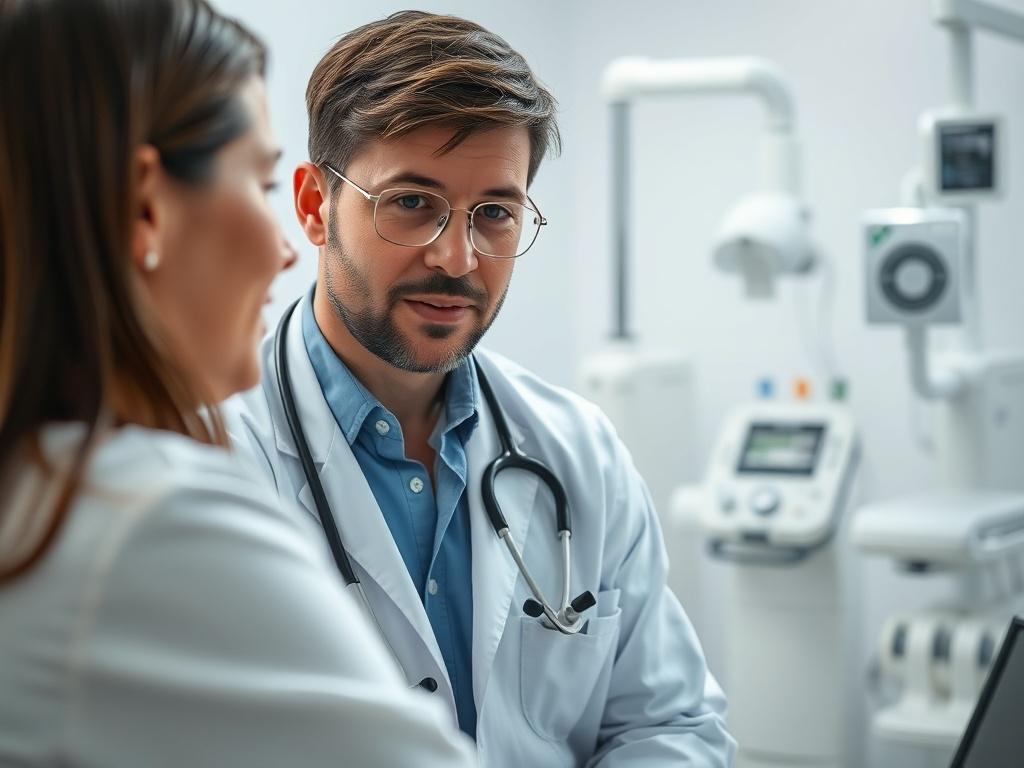 A close-up shot of a healthcare professional examining a patient in a clinical setting. The doctor is attentively listening to the patient's concerns, showcasing a compassionate and professional demeanor. The background features medical equipment and a clean, organized clinic environment, emphasizing trust and care. The image should be high-resolution, captured with a 45mm f/1.2 lens to create a soft focus on the subject, enhancing the warmth of the interaction.