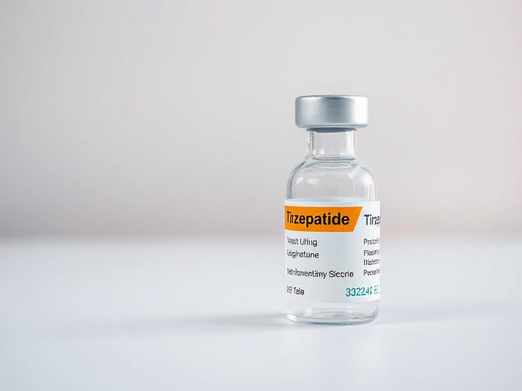 A close-up shot of a Tirzepatide vial on a clean, simple surface with soft lighting. The vial should be the only subject in the image, showcasing the label clearly. The background should be a soft gradient that complements the primary color #32324E, enhancing the focus on the medication. The composition should evoke a sense of clarity and professionalism.