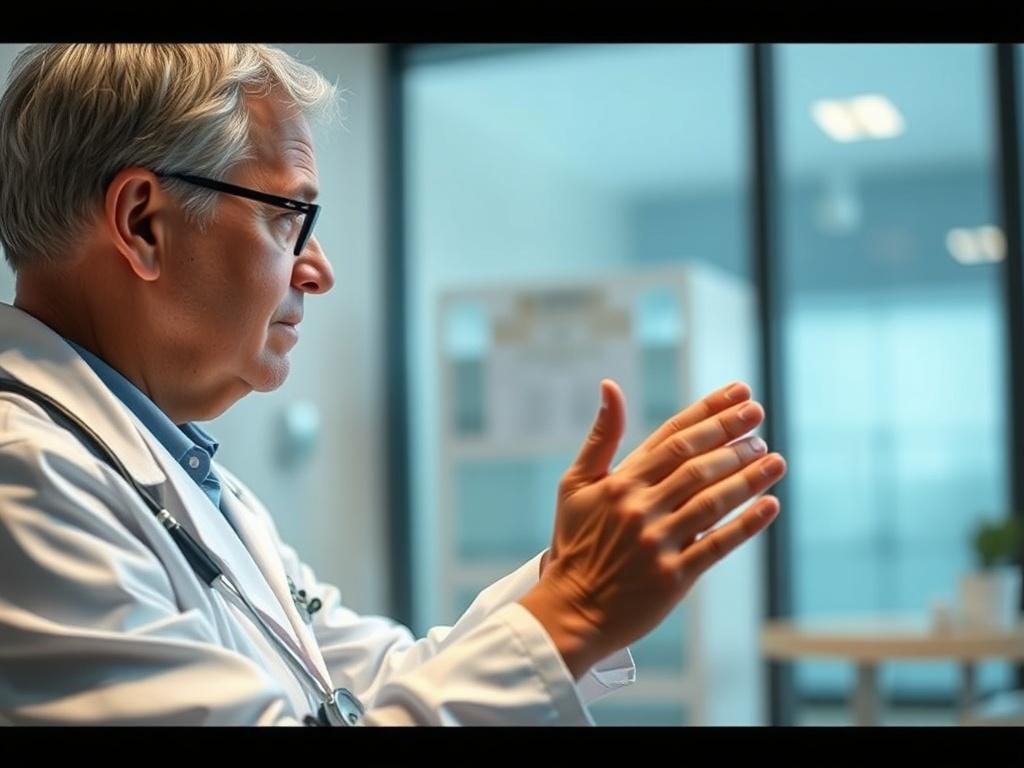 A close-up shot of a healthcare professional in a white coat, gently examining a patient during an annual check-up. The setting is a well-lit medical office with a calm and reassuring atmosphere. The healthcare professional is focused, with a stethoscope around their neck, providing a sense of care and professionalism. The background is blurred to emphasize the interaction between the patient and the doctor.