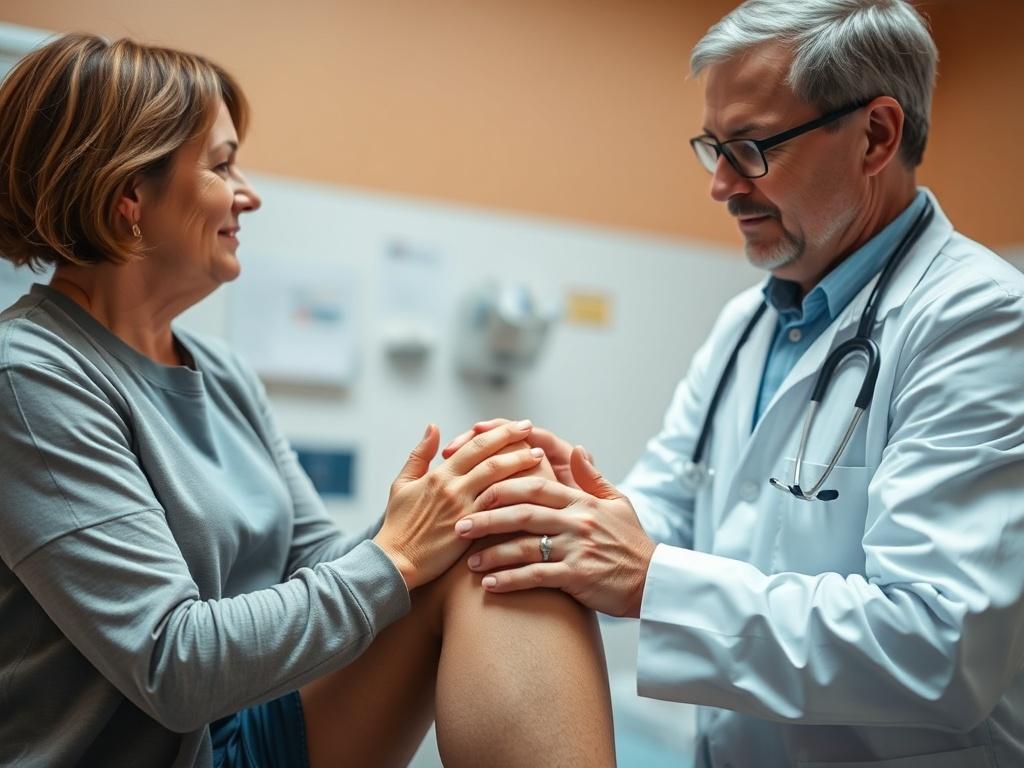 A close-up shot of a medical professional examining a patient's knee in a clinical setting. The focus is on the doctor's hands gently palpating the knee while the patient looks relaxed and attentive. The background is softly blurred, emphasizing the interaction. The colors are warm and inviting, harmonizing with the #32324E primary color scheme.