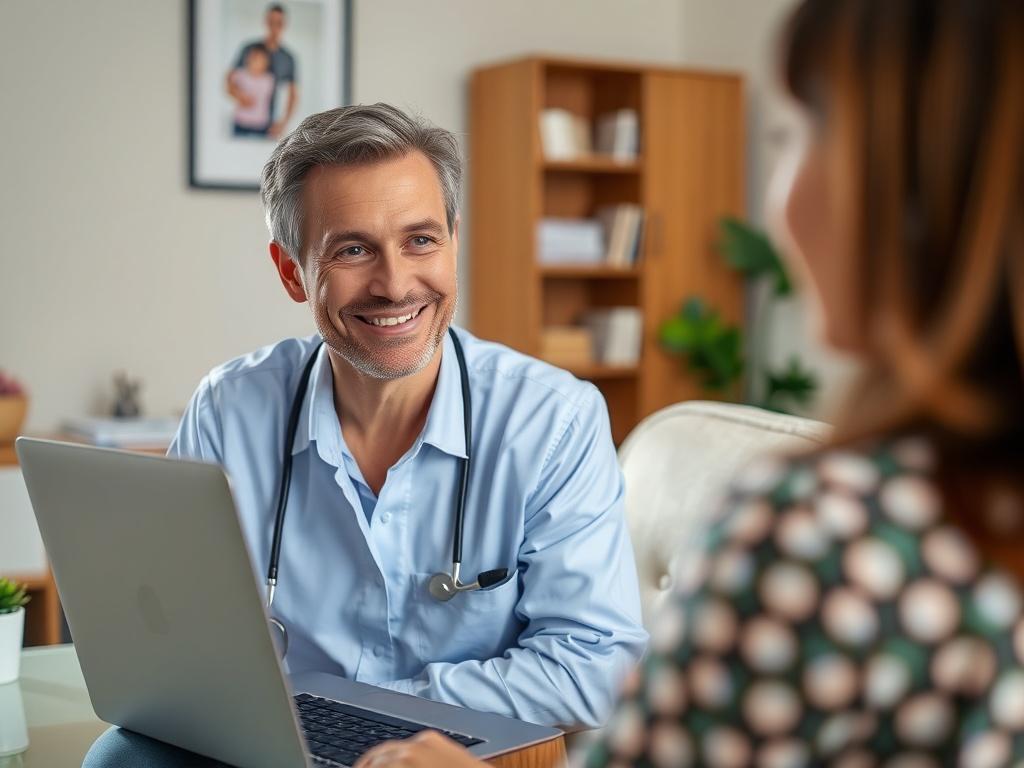 A close-up shot of a professional healthcare provider engaging with a client via telehealth consultation. The provider appears friendly and supportive, seated in a well-lit home office with a laptop open, displaying a weight loss plan. The background is a soft, neutral color that complements the primary color #32324E. The focus is on the provider's expression and the screen, emphasizing a personal connection in a virtual setting.