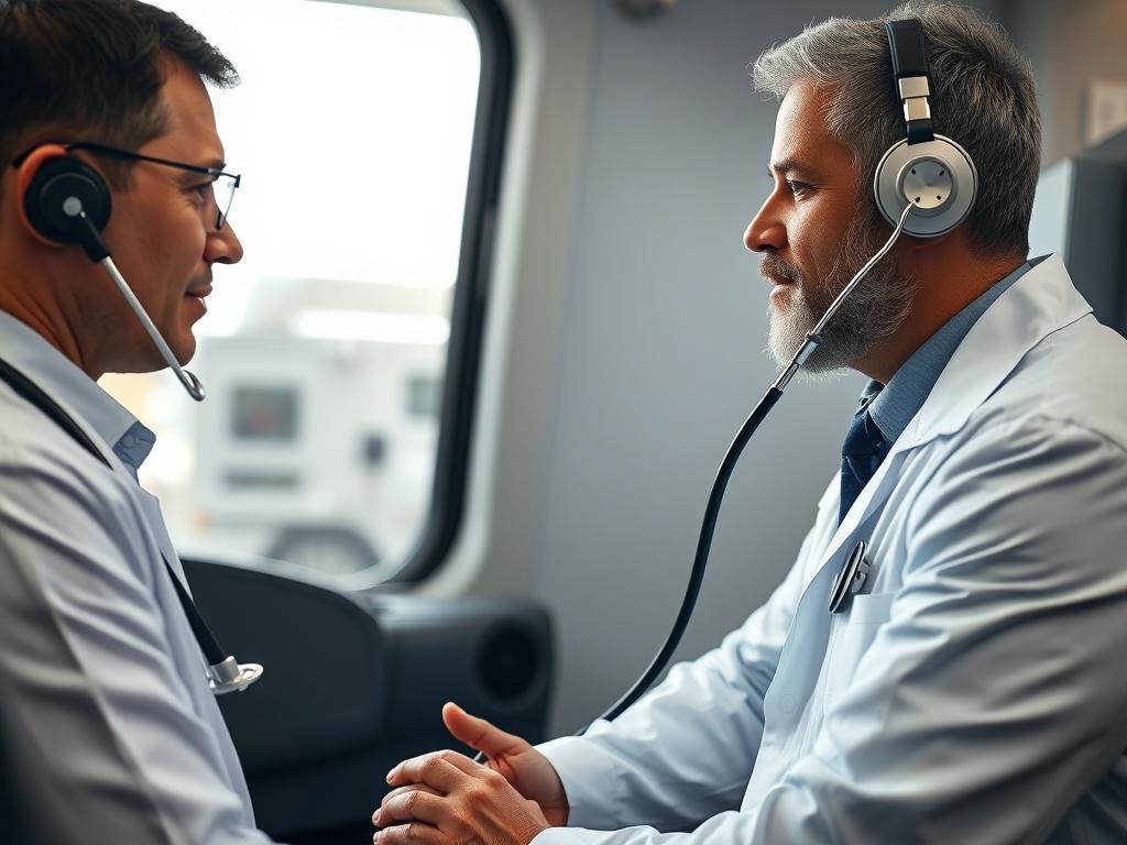 A close-up shot of a professional medical examiner conducting a DOT physical examination on a commercial driver. The focus is on the interaction between the examiner and the driver, showcasing a stethoscope and medical equipment in use. The background should be a clean, well-lit medical office, emphasizing a professional and welcoming environment. The image should be high-resolution with realistic details, shot with a 45mm f/1.2 lens style, compatible with the #32324E primary color.