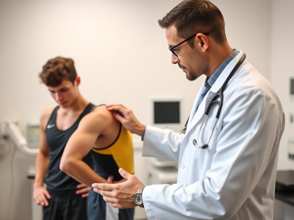 A close-up shot of a healthcare professional conducting a sports physical examination on a young athlete in a bright, sterile medical office. The athlete, dressed in sports gear, appears focused and engaged, while the healthcare professional, wearing a lab coat, is attentively examining the athlete’s posture and flexibility. The background is simple and clean, emphasizing the professional environment, with subtle hints of medical equipment in soft focus.