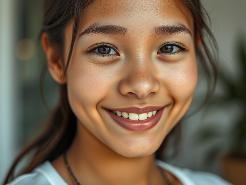A close-up shot of a young person with clear skin, smiling confidently. The background is softly blurred, emphasizing the person's face and the clarity of their skin. The lighting is natural and bright, highlighting the features of the face without any distractions. The color palette is harmonious with the #32324E primary color, creating a calm and inviting ambiance.