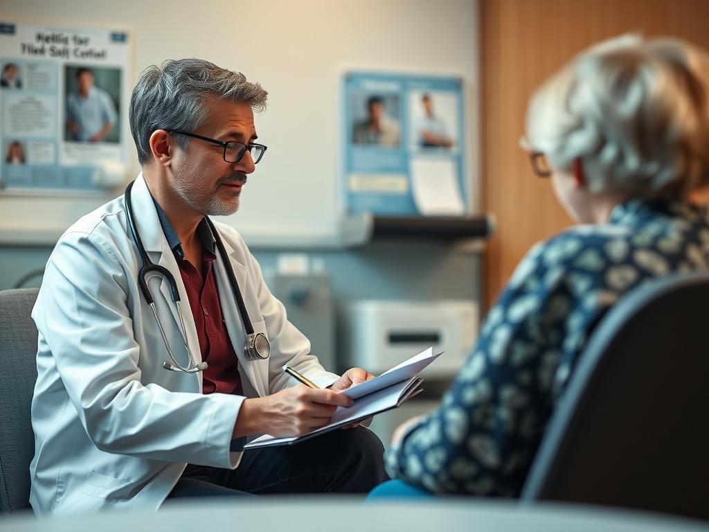 A healthcare professional sitting down with a patient in a cozy consultation room. The focus is on the professional, who is attentively listening and taking notes, showcasing a caring and personalized interaction. The room is well-lit, with soft colors and medical charts in the background.